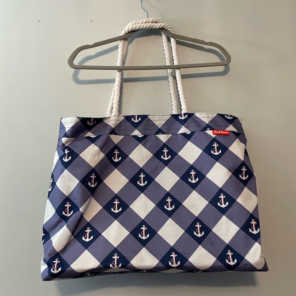 Nautical Anchor Pattern Beach Tote Bag - Navy and White - Picture 5 of 9